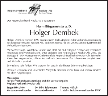 Traueranzeige von Holger Dembek von Metzinger-Uracher Volksblatt