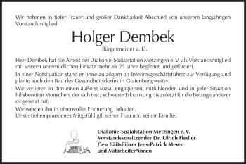 Traueranzeige von Holger Dembek von Metzinger-Uracher Volksblatt