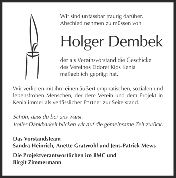 Traueranzeige von Holger Dembek von Metzinger-Uracher Volksblatt