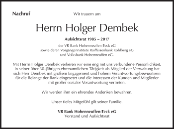 Traueranzeige von Holger Dembek von Metzinger-Uracher Volksblatt