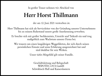 Traueranzeige von Horst Thillmann von Haller Tagblatt