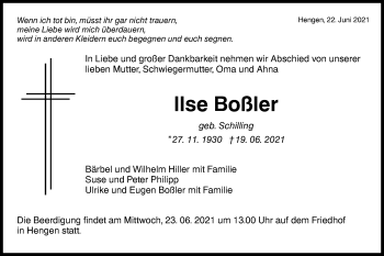 Traueranzeige von Ilse Boßler von Alb-Bote/Metzinger-Uracher Volksblatt