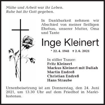 Traueranzeige von Inge Kleinert von Hohenloher Tagblatt