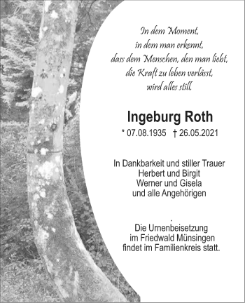 Traueranzeige von Ingeburg Roth von SÜDWEST PRESSE Ausgabe Ulm/Neu-Ulm