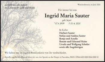 Traueranzeige von Ingrid Maria Sauter von NWZ Neue Württembergische Zeitung