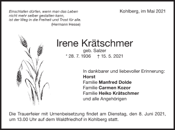 Traueranzeige von Irene  Krätschmer von Metzinger-Uracher Volksblatt