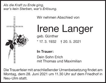 Traueranzeige von Irene Langer von SÜDWEST PRESSE Ausgabe Ulm/Neu-Ulm