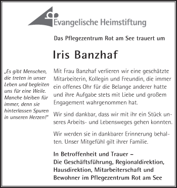 Traueranzeige von Iris Banzhaf von Hohenloher Tagblatt