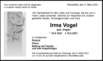 Traueranzeige von Irma Vogel von Haller Tagblatt