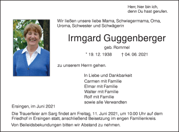 Traueranzeige von Irmgard Guggenberger von SÜDWEST PRESSE Ausgabe Ulm/Neu-Ulm