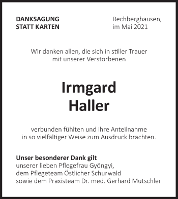 Traueranzeige von Irmgard Haller von NWZ Neue Württembergische Zeitung