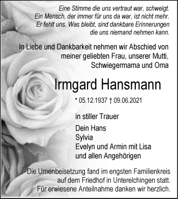 Traueranzeige von Irmgard Hansmann von SÜDWEST PRESSE Ausgabe Ulm/Neu-Ulm