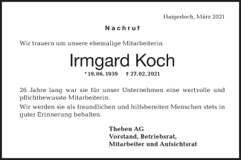 Traueranzeige von Irmgard Koch von Metzinger-Uracher Volksblatt