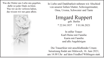 Traueranzeige von Irmgard Ruppert von SÜDWEST PRESSE Ausgabe Ulm/Neu-Ulm