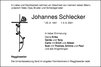 Traueranzeige von Johannes Schlecker von Illertal Bote