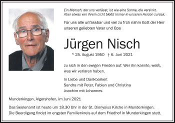 Traueranzeige von Jürgen Nisch von Ehinger Tagblatt