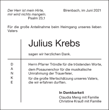 Traueranzeige von Julius Krebs von NWZ Neue Württembergische Zeitung