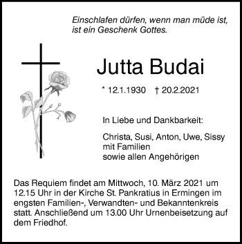 Traueranzeige von Jutta Budai von SÜDWEST PRESSE Ausgabe Ulm/Neu-Ulm