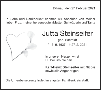 Traueranzeige von Jutta Steinseifer von NWZ Neue Württembergische Zeitung