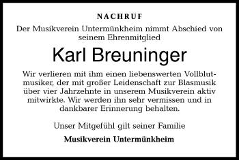 Traueranzeige von Karl Breuninger von Haller Tagblatt