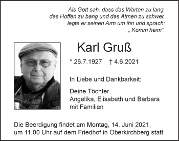 Traueranzeige von Karl Gruß von SÜDWEST PRESSE Ausgabe Ulm/Neu-Ulm