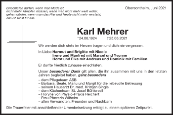 Traueranzeige von Karl Mehrer von Haller Tagblatt