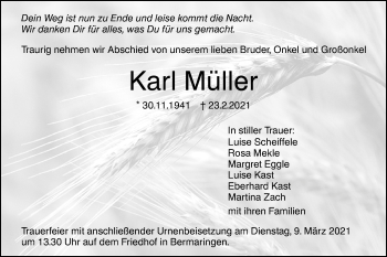 Traueranzeige von Karl Müller von SÜDWEST PRESSE Ausgabe Ulm/Neu-Ulm