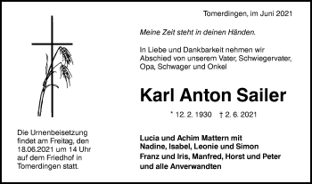 Traueranzeige von Karl Anton Sailer von SÜDWEST PRESSE Ausgabe Ulm/Neu-Ulm