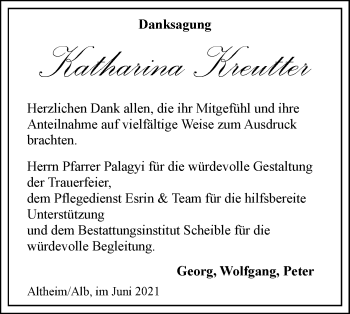 Traueranzeige von Katharina Kreutter von SÜDWEST PRESSE Ausgabe Ulm/Neu-Ulm