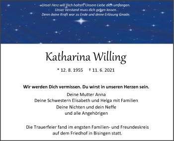 Traueranzeige von Katharina Willing von Metzinger-Uracher Volksblatt