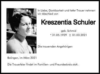 Traueranzeige von Kreszentia Schuler von Metzinger-Uracher Volksblatt