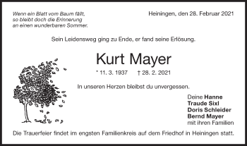 Traueranzeige von Kurt Mayer von NWZ Neue Württembergische Zeitung