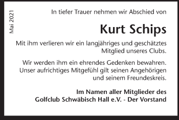 Traueranzeige von Kurt Schips von Haller Tagblatt