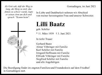 Traueranzeige von Lilli Baatz von Alb-Bote/Metzinger-Uracher Volksblatt