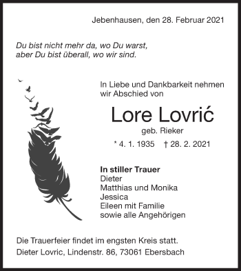 Traueranzeige von Lore Lovric von NWZ Neue Württembergische Zeitung