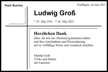 Traueranzeige von Ludwig Groß von Alb-Bote/Metzinger-Uracher Volksblatt