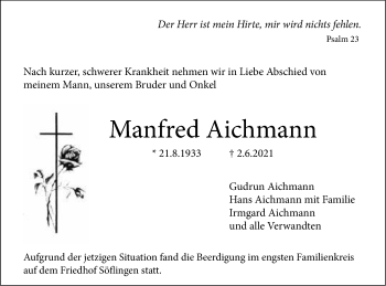 Traueranzeige von Manfred Aichmann von SÜDWEST PRESSE Ausgabe Ulm/Neu-Ulm