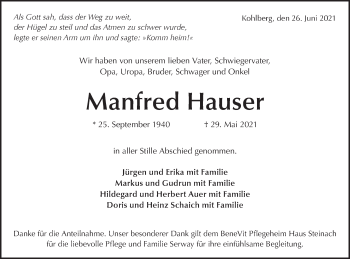 Traueranzeige von Manfred Hauser von Metzinger-Uracher Volksblatt