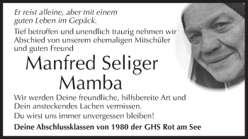 Traueranzeige von Manfred Seliger von Hohenloher Tagblatt