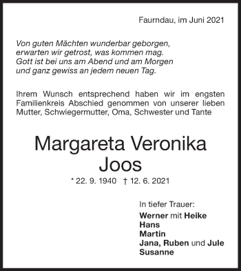 Traueranzeige von Margareta Joos von NWZ Neue Württembergische Zeitung