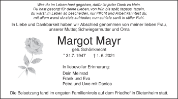 Traueranzeige von Margot Mayr von Illertal Bote