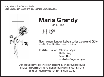 Traueranzeige von Maria Grandy von SÜDWEST PRESSE Ausgabe Ulm/Neu-Ulm