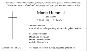 Traueranzeige von Maria Hummel von Ehinger Tagblatt