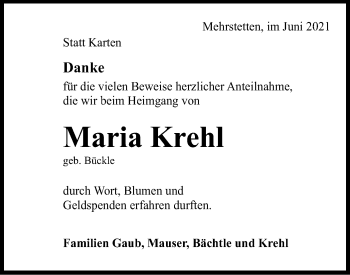 Traueranzeige von Maria Krehl von Alb-Bote/Metzinger-Uracher Volksblatt