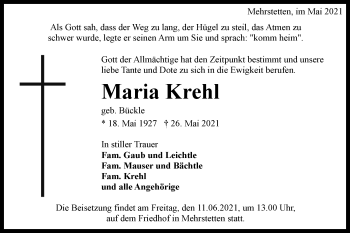 Traueranzeige von Maria Krehl von Alb-Bote/Metzinger-Uracher Volksblatt