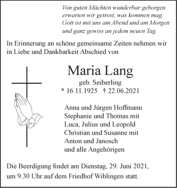 Traueranzeige von Maria Lang von SÜDWEST PRESSE Ausgabe Ulm/Neu-Ulm