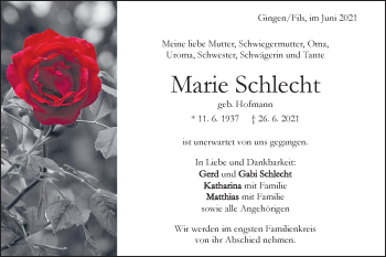 Traueranzeige von Marie Schlecht von Geislinger Zeitung