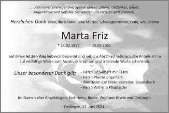 Traueranzeige von Marta Friz von Haller Tagblatt