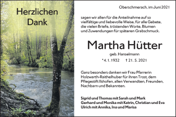 Traueranzeige von Martha Hütter von Haller Tagblatt