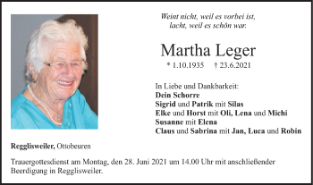 Traueranzeige von Martha Leger von Illertal Bote